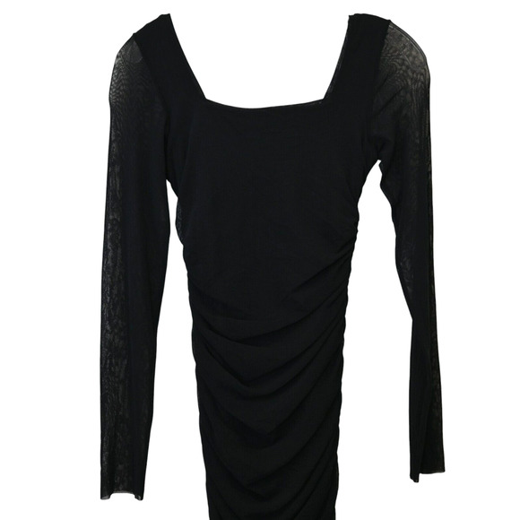 Fuzzi Ruched Bodycon Dress Size M Medium Black Long Sleeve Square Neck Mesh - Picture 5 of 8